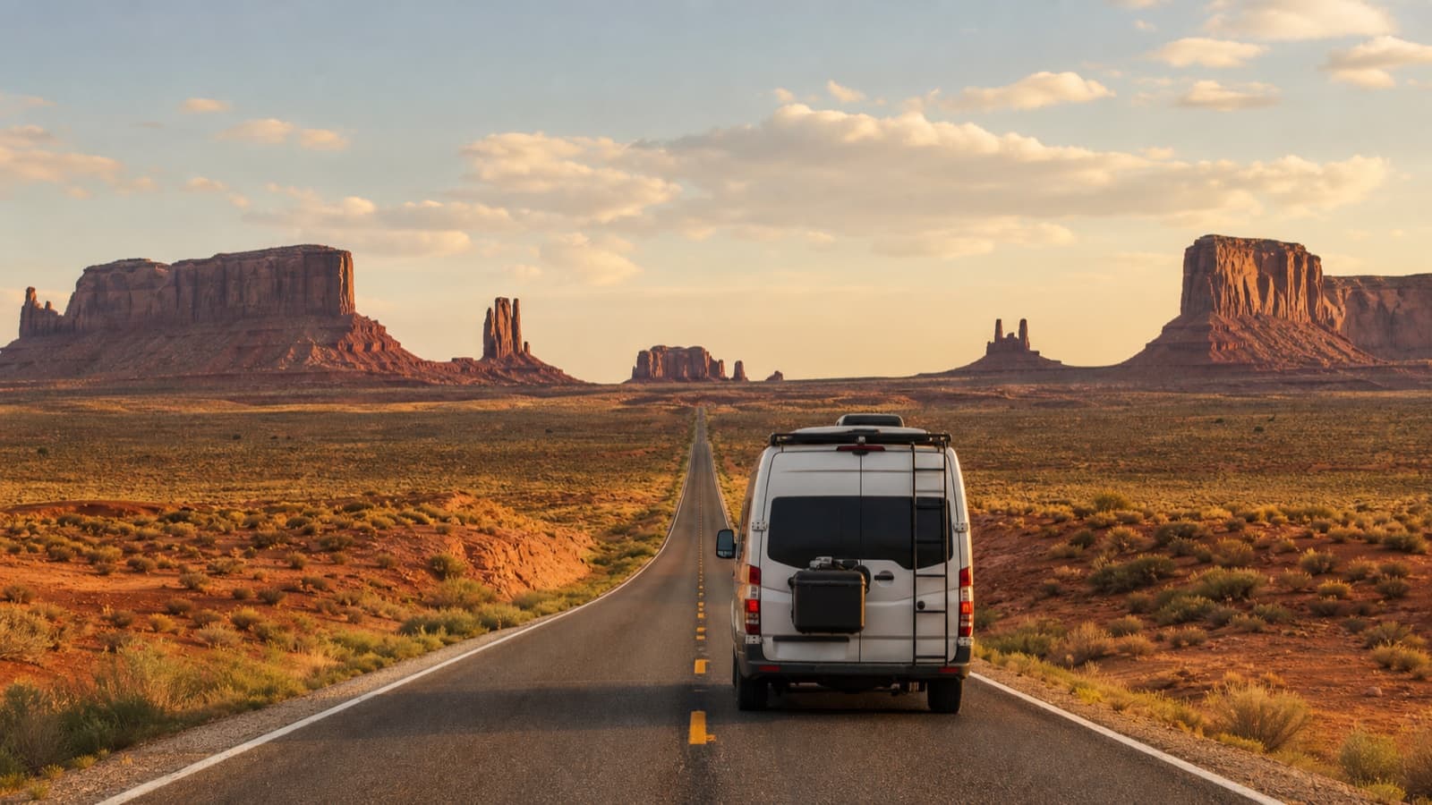 Camper van on a desert road