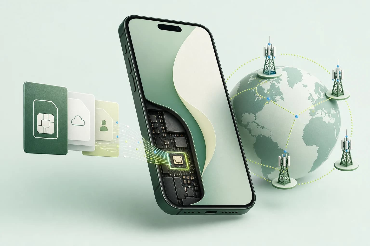 Illustration of a digital mobile profile entering the embedded eSIM chip in a smartphone and connecting to cellular networks worldwide